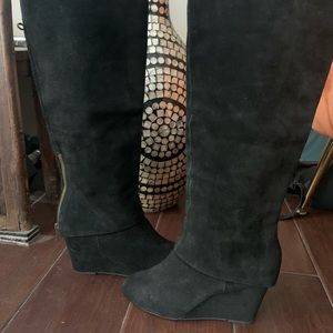 Size 7 black suede wedge heel boots.